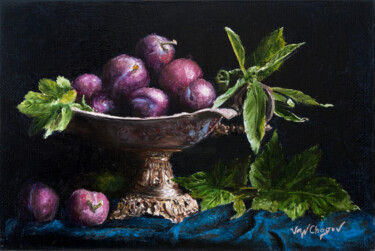 Painting titled "Plums in vase" by Nikita Van Chagov, Original Artwork, Oil