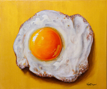 Painting titled "Fried Egg on gold 6…" by Nikita Van Chagov, Original Artwork, Oil