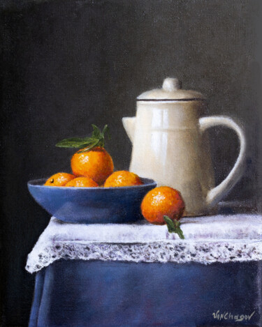 Painting titled "Tangerines with a w…" by Nikita Van Chagov, Original Artwork, Oil