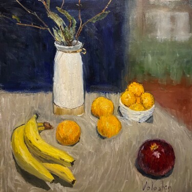 「White vase and fruit」というタイトルの絵画 Nikita Voloshinによって, オリジナルのアートワーク, オイル ウッドストレッチャーフレームにマウント