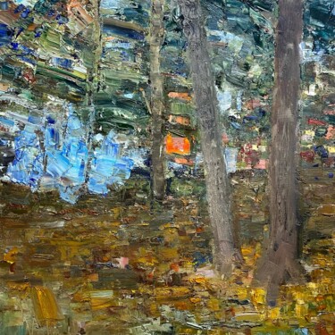 Schilderij getiteld "The pinewood" door Nikita Voloshin, Origineel Kunstwerk, Olie Gemonteerd op Karton
