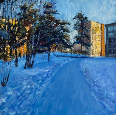 Painting titled "Winter day" by Nikita Voloshin, Original Artwork, Oil Mounted on Wood Stretcher frame