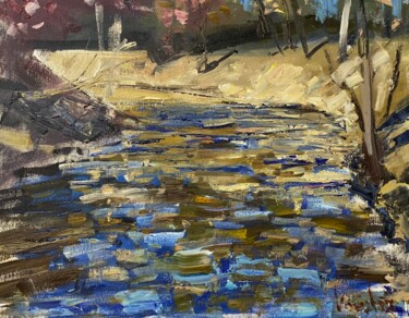 Painting titled "The Spring floods" by Nikita Voloshin, Original Artwork, Oil Mounted on Cardboard