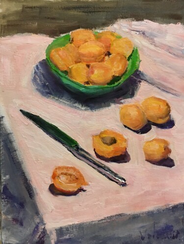 Painting titled "The apricots" by Nikita Voloshin, Original Artwork, Oil Mounted on Cardboard