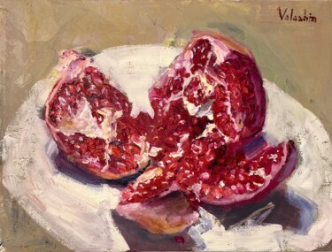Painting titled "The pomegranate" by Nikita Voloshin, Original Artwork, Oil Mounted on Wood Stretcher frame