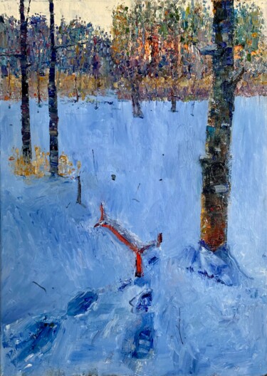Painting titled "In the winter forest" by Nikita Voloshin, Original Artwork, Oil Mounted on Wood Stretcher frame