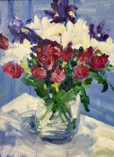 Painting titled "The roses and viole…" by Nikita Voloshin, Original Artwork, Oil Mounted on Cardboard