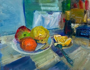 Painting titled "The fruit plate" by Nikita Voloshin, Original Artwork, Oil Mounted on Cardboard