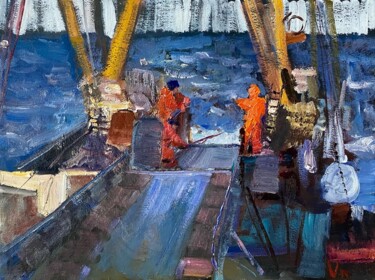 Schilderij getiteld "On a fishing boat" door Nikita Voloshin, Origineel Kunstwerk, Olie