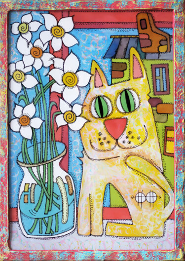 Painting titled "Cat and daffodils #3" by Nikita Ostapenco, Original Artwork, Acrylic