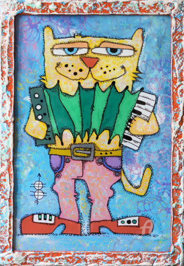 Ζωγραφική με τίτλο "Сat with accordion…" από Nikita Ostapenco, Αυθεντικά έργα τέχνης, Ακρυλικό