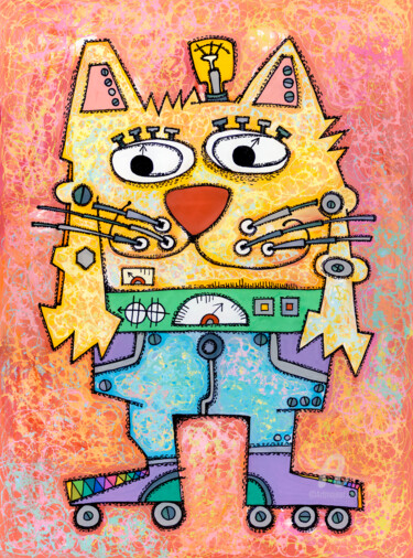 Malerei mit dem Titel "Robocat reproduction" von Nikita Ostapenco, Original-Kunstwerk, Acryl