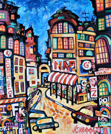 Painting titled "Night Paris walks #2" by Nikita Ostapenco, Original Artwork, Oil Mounted on Wood Stretcher frame