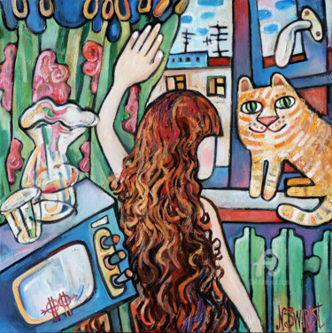 Painting titled "Morning and TV" by Nikita Ostapenco, Original Artwork, Oil Mounted on Wood Stretcher frame