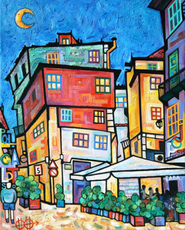 Painting titled "Night Porto walks #3" by Nikita Ostapenco, Original Artwork, Oil Mounted on Wood Stretcher frame