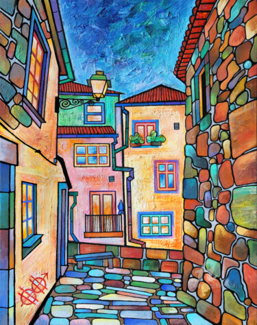 Painting titled "Night Porto walks #4" by Nikita Ostapenco, Original Artwork, Oil Mounted on Wood Stretcher frame