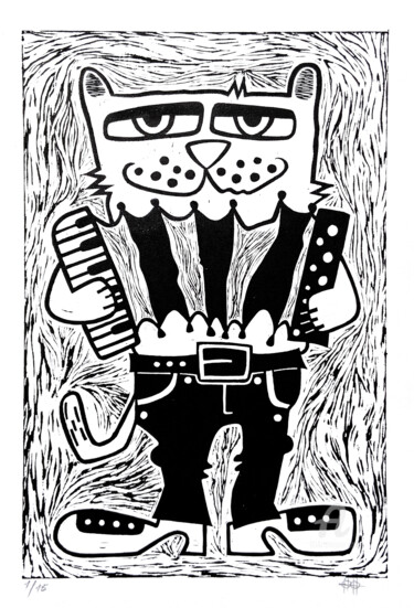 「Сat with accordion」というタイトルの製版 Nikita Ostapencoによって, オリジナルのアートワーク, Linocuts
