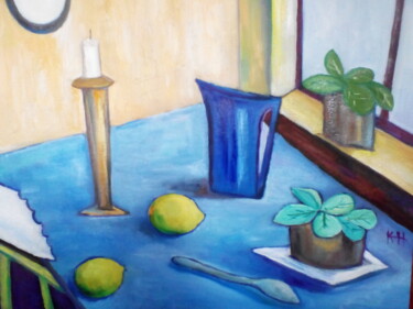 Painting titled "Limoni e candela" by Hélène Guinand, Original Artwork, Oil