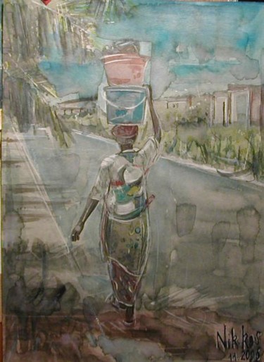 Peinture intitulée "L'abidjanaise à la…" par Nikkos, Œuvre d'art originale