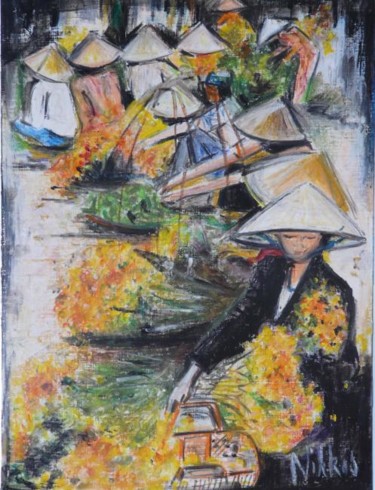 Peinture intitulée "Marché aux fleurs s…" par Nikkos, Œuvre d'art originale
