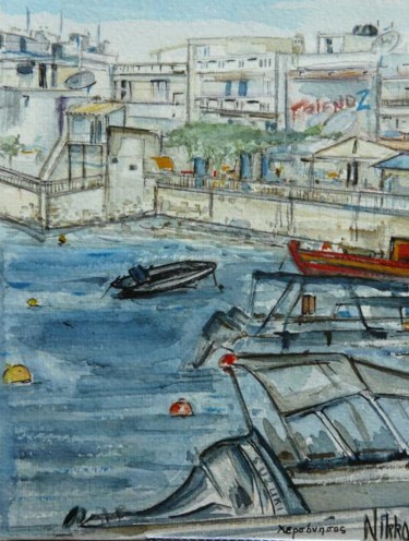 Peinture intitulée "Port d'Hermonissos" par Nikkos, Œuvre d'art originale