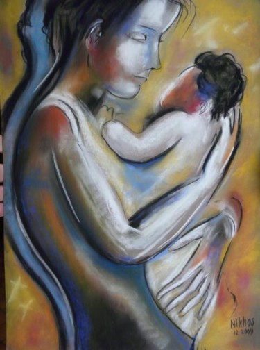 Peinture intitulée "Ma mère et l'enfant" par Nikkos, Œuvre d'art originale