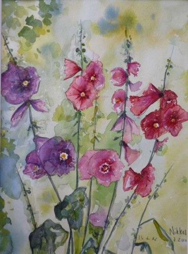 Peinture intitulée "Roses trémières ile…" par Nikkos, Œuvre d'art originale