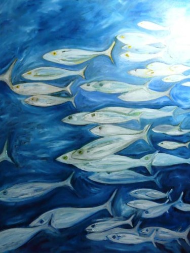 Peinture intitulée "Banc de sardines à…" par Nikkos, Œuvre d'art originale, Huile