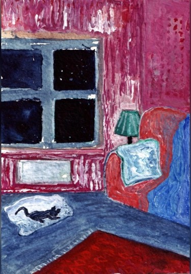 Painting titled "Interior with cat" by Niklas Nydahl, Original Artwork, Watercolor