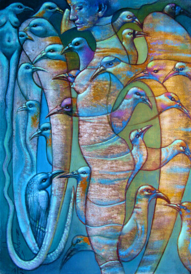 Peinture intitulée "Девушка с птицами" par Nikodim Leibgam, Œuvre d'art originale, Huile