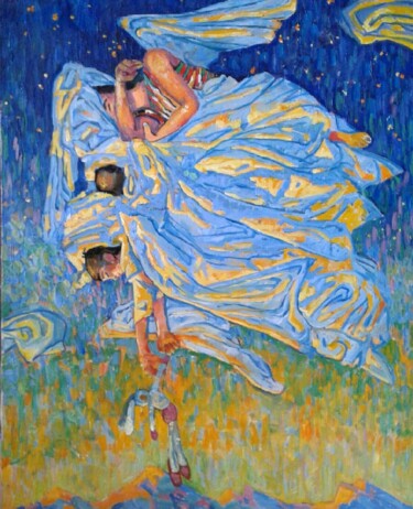 Painting titled "Under the wings of…" by Bakhtiyar Urakov, Original Artwork, Oil Mounted on Wood Stretcher frame