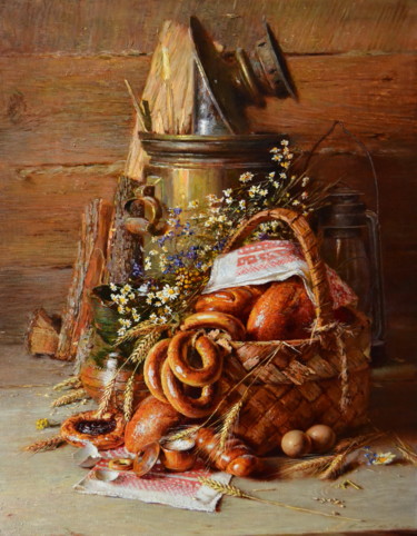 Pittura intitolato ""Бабушкина корзинка…" da Iurii Viktorovich Nikolaev, Opera d'arte originale, Olio