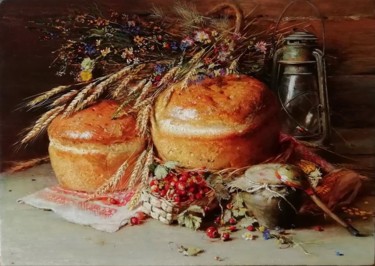 Painting titled ""Натюрморт с хлебом…" by Iurii Viktorovich Nikolaev, Original Artwork