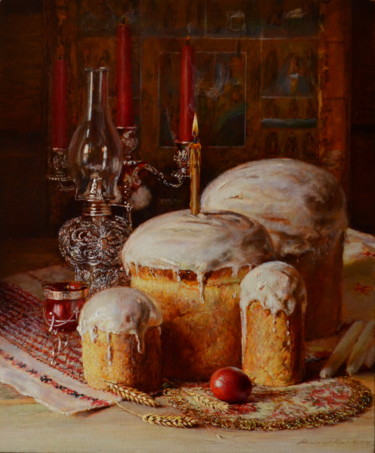 Painting titled "Пасхальный натюрмор…" by Iurii Viktorovich Nikolaev, Original Artwork, Oil