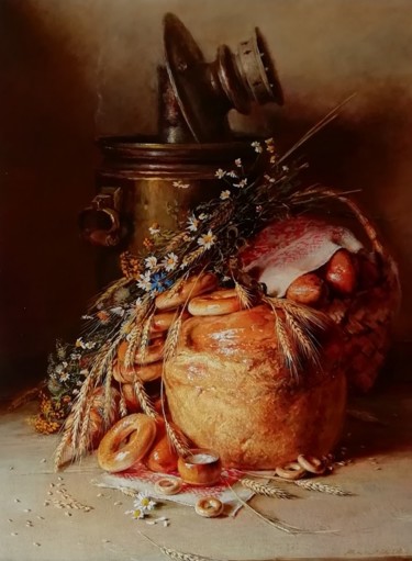 Картина под названием "Натюрморт с хлебом…" - Юрий Викторович Николаев, Подлинное произведение искусства, Масло