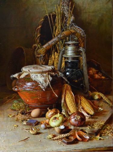 Painting titled "Натюрморт с кукуруз…" by Iurii Viktorovich Nikolaev, Original Artwork, Oil