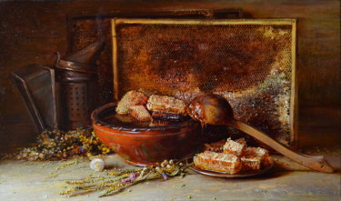 Картина под названием "Натюрморт с медом" - Юрий Викторович Николаев, Подлинное произведение искусства, Масло