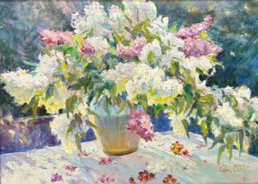 Painting titled "Still life Lilacs,…" by Nikolai Chebotaru, Original Artwork, Oil