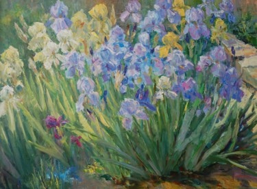 Schilderij getiteld "Flowers irises" door Nikolai Chebotaru, Origineel Kunstwerk, Olie