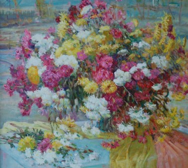 Painting titled "Autumn flowers" by Nikolai Chebotaru, Original Artwork, Oil
