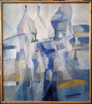 Pintura intitulada "white on the blue g…" por Nikolai Taidakov, Obras de arte originais, Óleo