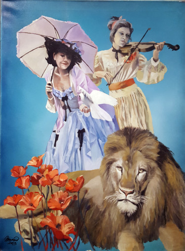 Painting titled "Walk with a lion" by Nikolai Taidakov, Original Artwork, Oil