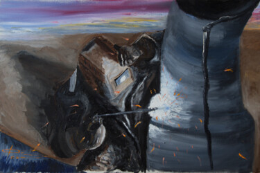 Pittura intitolato "Welder" da Nikolaj (Kolyan) Fomin, Opera d'arte originale, Olio Montato su Telaio per barella in legno