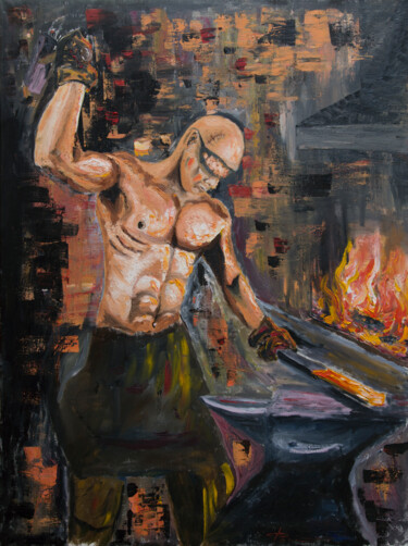Картина под названием "Blacksmith" - Nikolaj (Kolyan) Fomin, Подлинное произведение искусства, Масло Установлен на Деревянна…