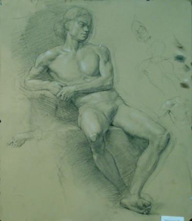 Dibujo titulada "Sitting male nude" por Nikolai Shatalov, Obra de arte original, Tiza