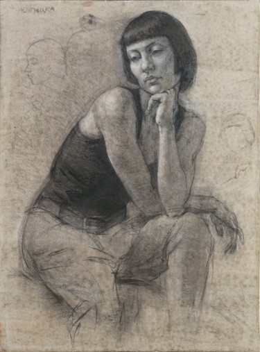 Desenho intitulada "Portrait with hands." por Nikolai Shatalov, Obras de arte originais, Giz