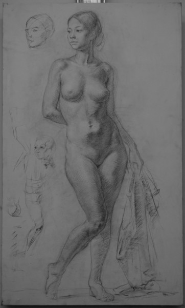 Drawing titled "Standing female nude" by Николай Шаталов, Original Artwork, Charcoal