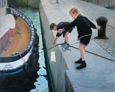 Painting titled "Children's Fishing.…" by Nikolay Biryukov, Original Artwork, Oil