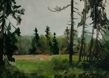 Painting titled "Russian Forest" by Nikolay Biryukov, Original Artwork, Watercolor