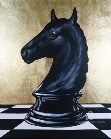 Schilderij getiteld "Black horse" door Nikolay Kharitonov, Origineel Kunstwerk, Acryl Gemonteerd op Frame voor houten branca…